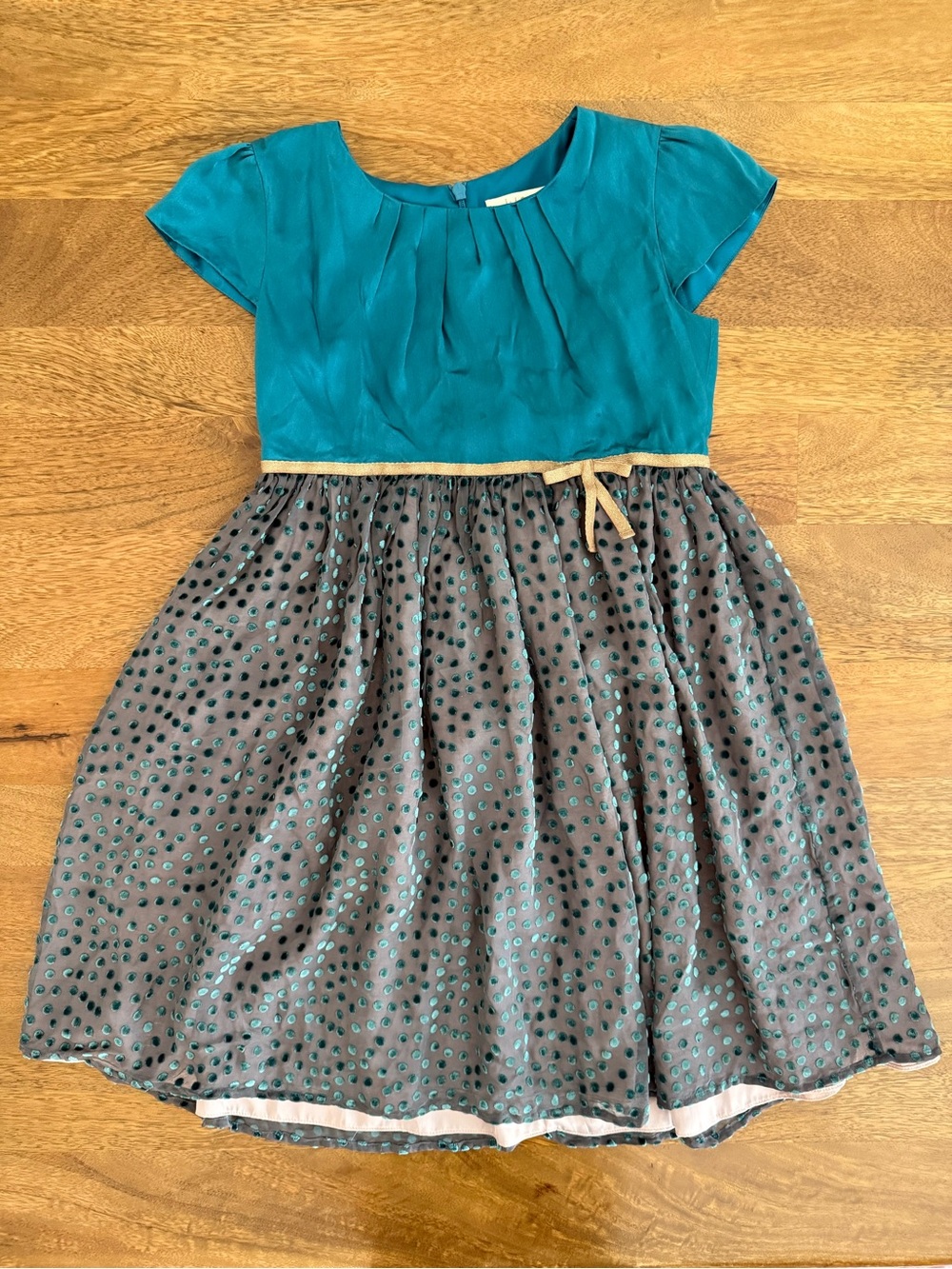 Mini Boden Silk Teal and Gray Polka Dot Party Dress with Gold Trim